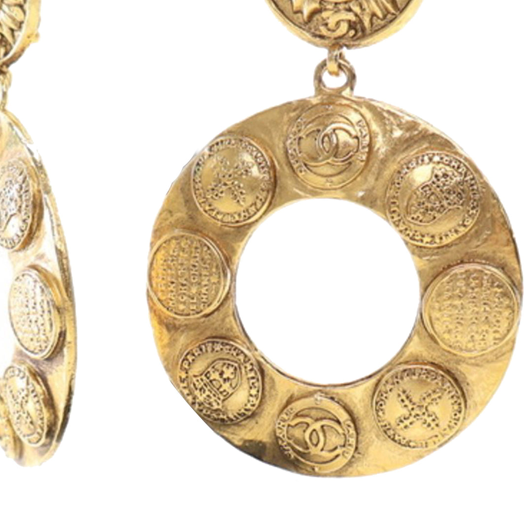 Gold Plated Sun Coin Medallion Motif Hoop Drop Earrings Gold - Gaby Paris