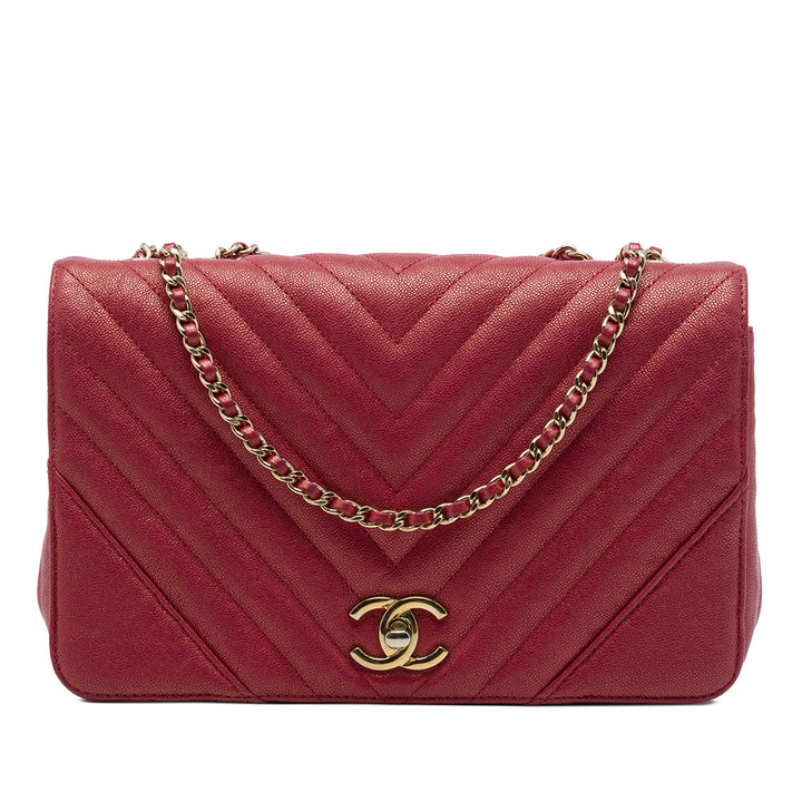 Chanel Chevron Irisé Statement à rabat Moyen Cuir caviar Rouge – vue principale – GABY PARIS