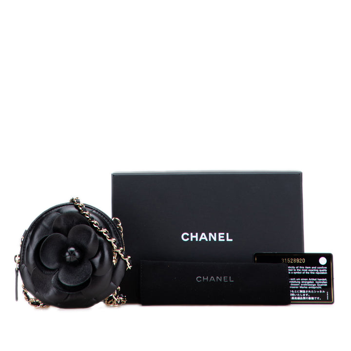 Mini CC Lambskin Camellia Bouquet Round Clutch on Chain Black - Gaby Paris