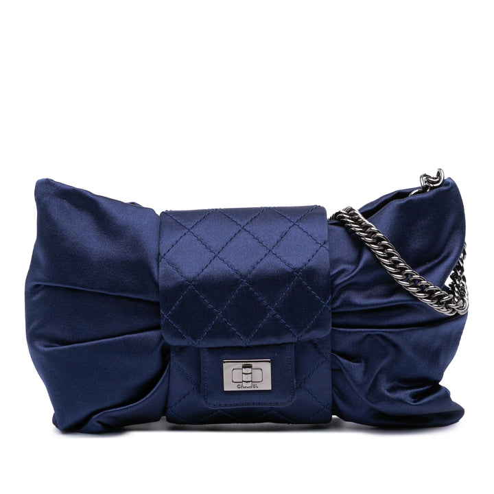 CC Satin Bow Clutch with Chain Blue - Gaby Paris