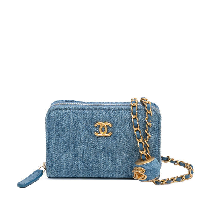 Mini Denim Pearl Crush Card Holder On Chain Blue - Gaby Paris