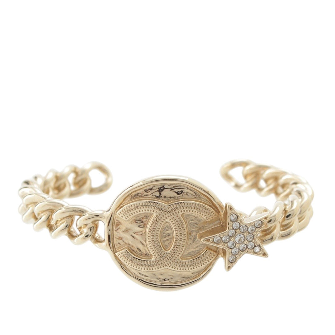 Chanel CC Brass Strass Star et Coin Chaîne Cuff Bracelet Doré