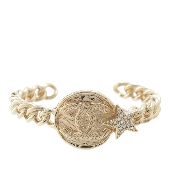 Chanel CC Brass Strass Star et Coin Chaîne Cuff Bracelet Doré