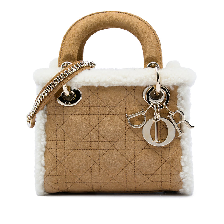 Dior Sac à main Lady Dior Cannage with Shearling Trim Mini Marron – vue principale – GABY PARIS