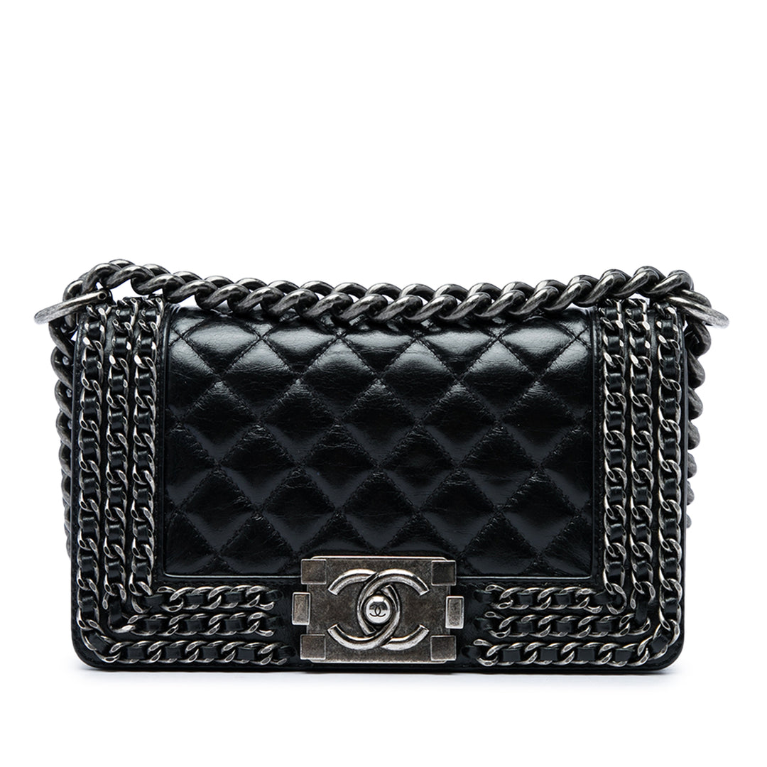 Chanel Matelassé Glacé Chaîneed Boy à rabat Petit Cuir de veau Noir