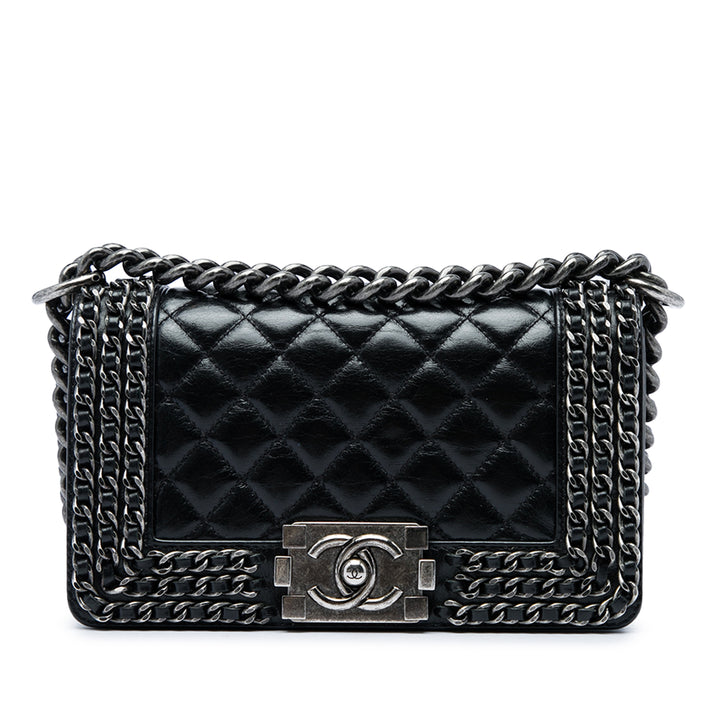 Chanel Matelassé Glacé Chaîneed Boy à rabat Petit Cuir de veau Noir