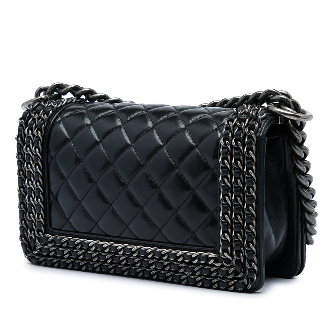 Chanel Matelassé Glacé Chaîneed Boy à rabat Petit Cuir de veau Noir