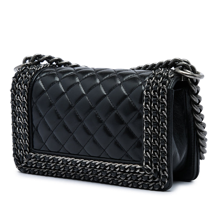 Chanel Matelassé Glacé Chaîneed Boy à rabat Petit Cuir de veau Noir