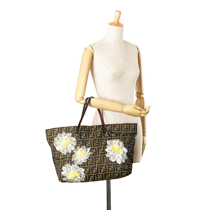 Zucca Canvas Flower Applique Tote Brown - Gaby Paris