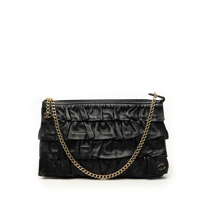CC Ruffled Pochette avec chaîne Cuir d'agneau Noir