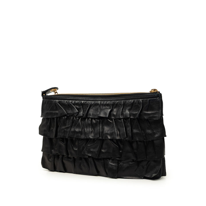 CC Ruffled Pochette avec chaîne Cuir d'agneau Noir