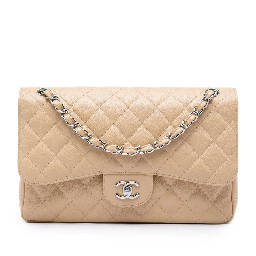 Chanel Classic Double rabat Jumbo Cuir caviar Beige – vue principale – GABY PARIS