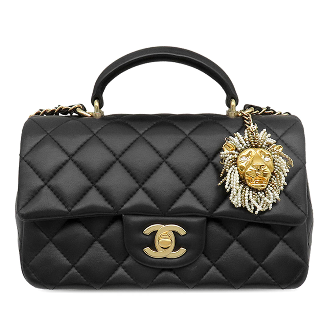 Chanel Classic Rectangulaire Lion Charm à rabat Mini Cuir d'agneau Noir – vue principale – GABY PARIS