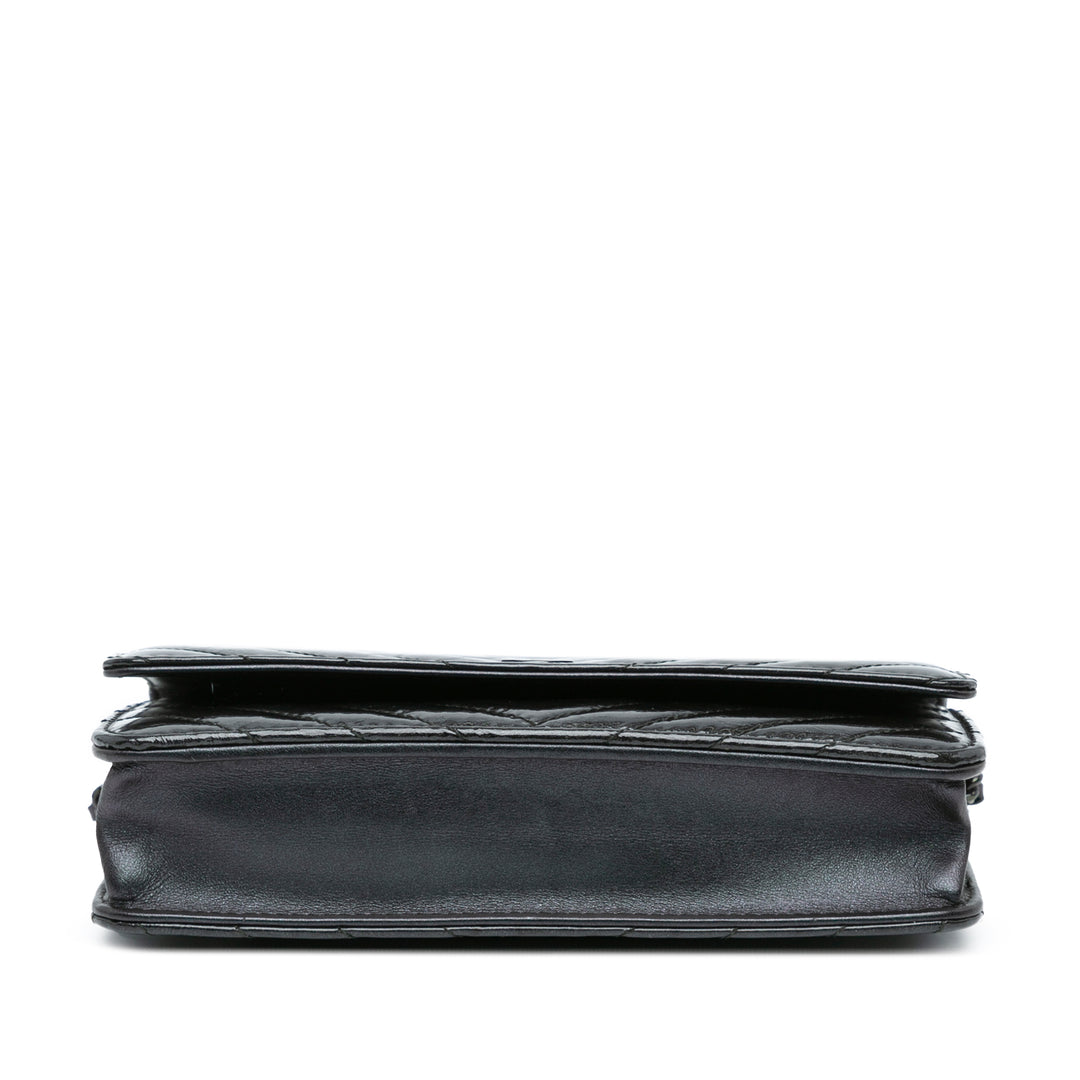 CC Chevron Quilted Crumpled Calfskin Wallet On Chain Black - Gaby Paris