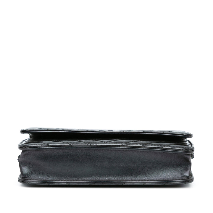 CC Chevron Quilted Crumpled Calfskin Wallet On Chain Black - Gaby Paris