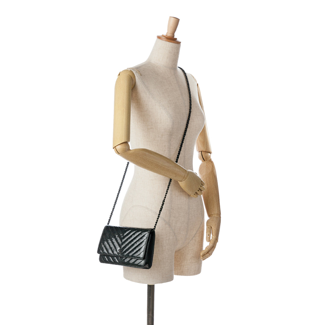 CC Chevron Quilted Crumpled Calfskin Wallet On Chain Black - Gaby Paris