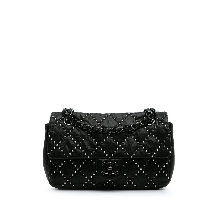 Washed Lambskin Studded Metal Beauty Flap Black - Gaby Paris