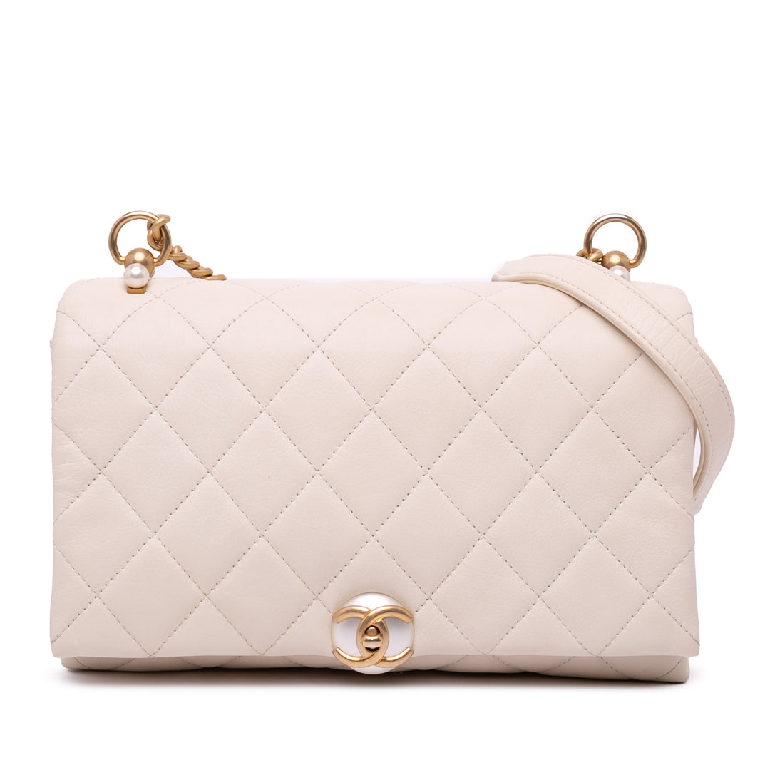 Quilted Calfskin Pearl CC Accordion Flap White - Gaby Paris
