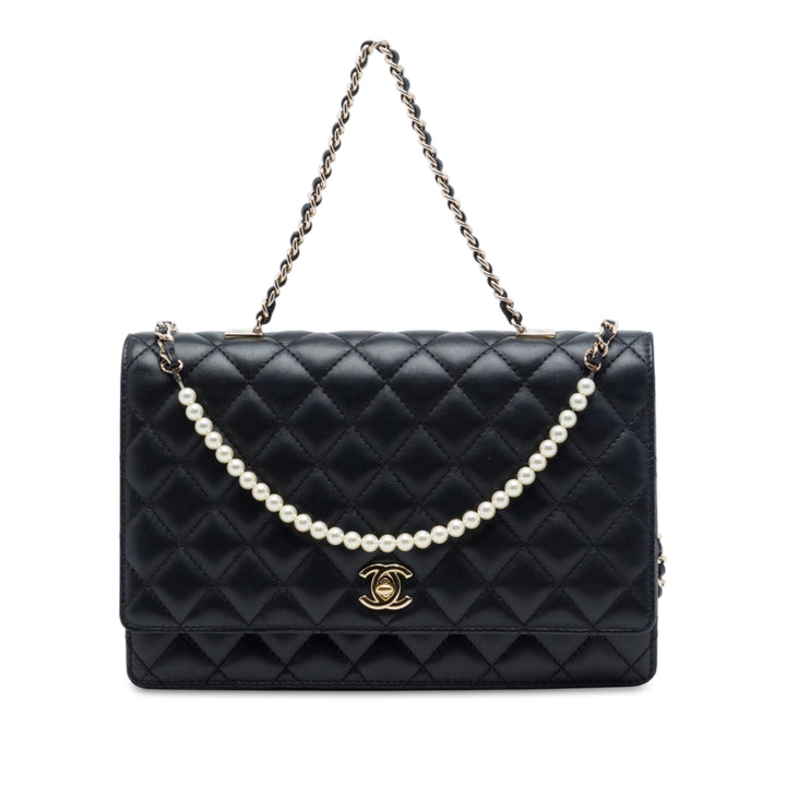 CC Matelassé Fantasy Perle Rabat simple Cuir d'agneau Noir