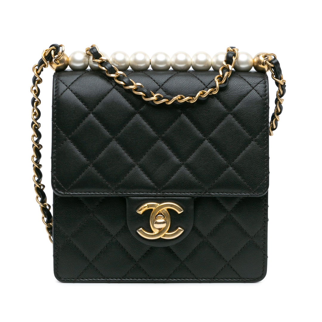 Small Lambskin Chic Pearls Flap Black - Gaby Paris