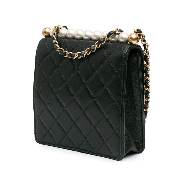 Small Lambskin Chic Pearls Flap Black - Gaby Paris