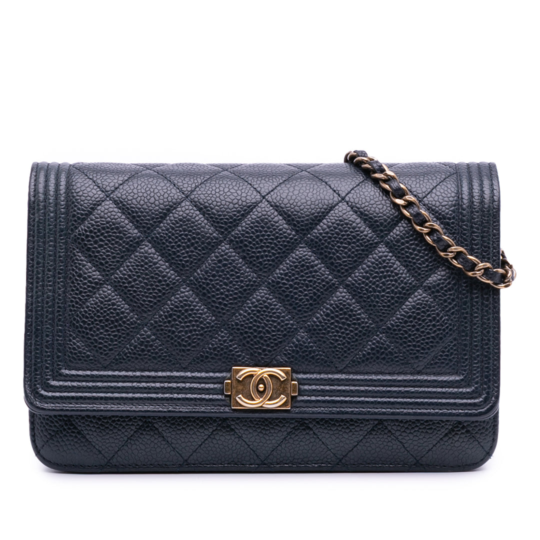 Quilted Caviar Boy Wallet on Chain Blue - Gaby Paris