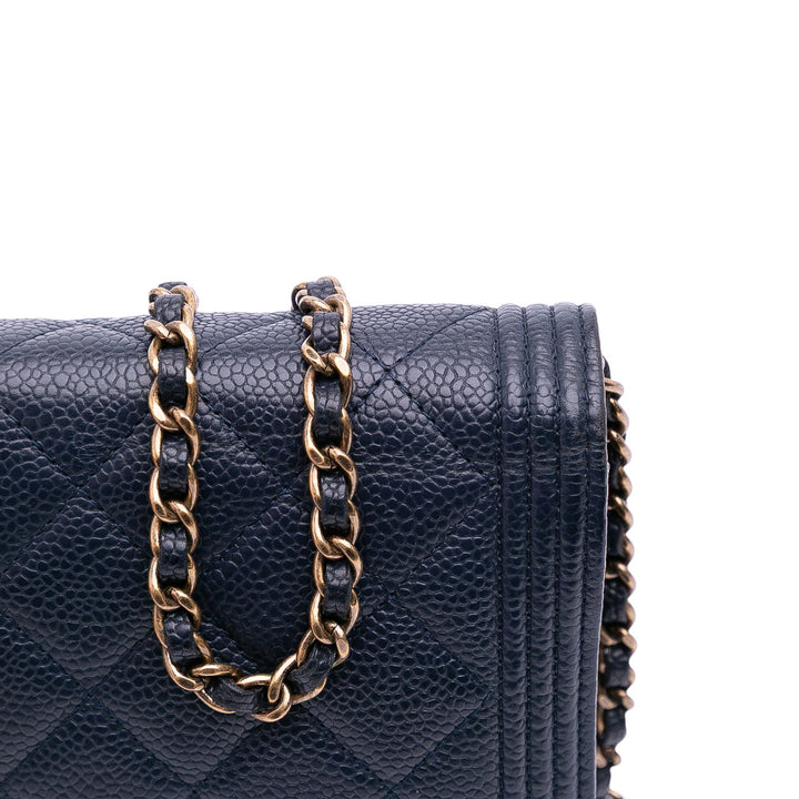 Quilted Caviar Boy Wallet on Chain Blue - Gaby Paris