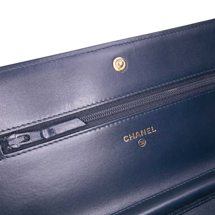 Quilted Caviar Boy Wallet on Chain Blue - Gaby Paris