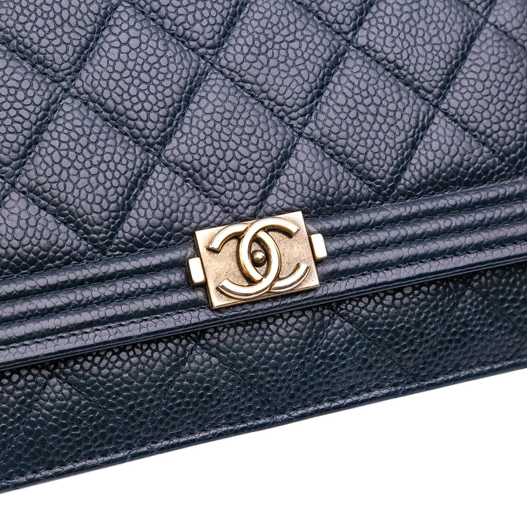 Quilted Caviar Boy Wallet on Chain Blue - Gaby Paris