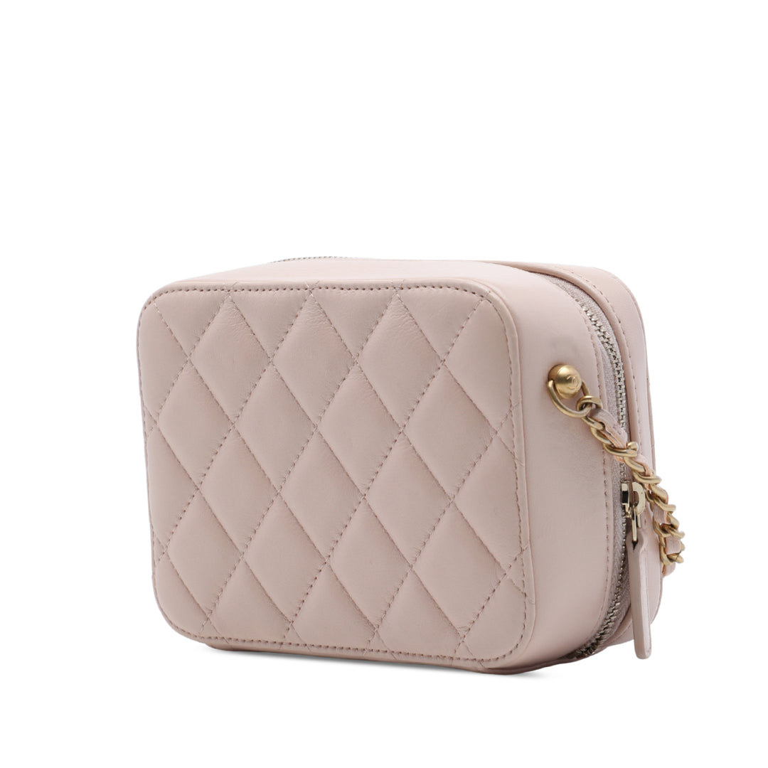 CC Matelassé Perle Crush Sac caméra Cuir d'agneau Marron