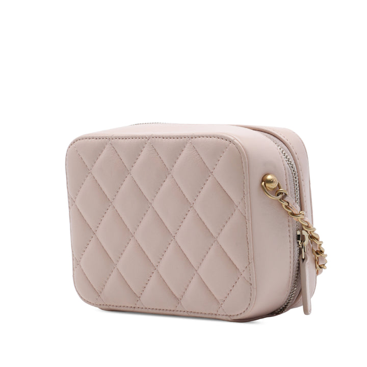 CC Matelassé Perle Crush Sac caméra Cuir d'agneau Marron