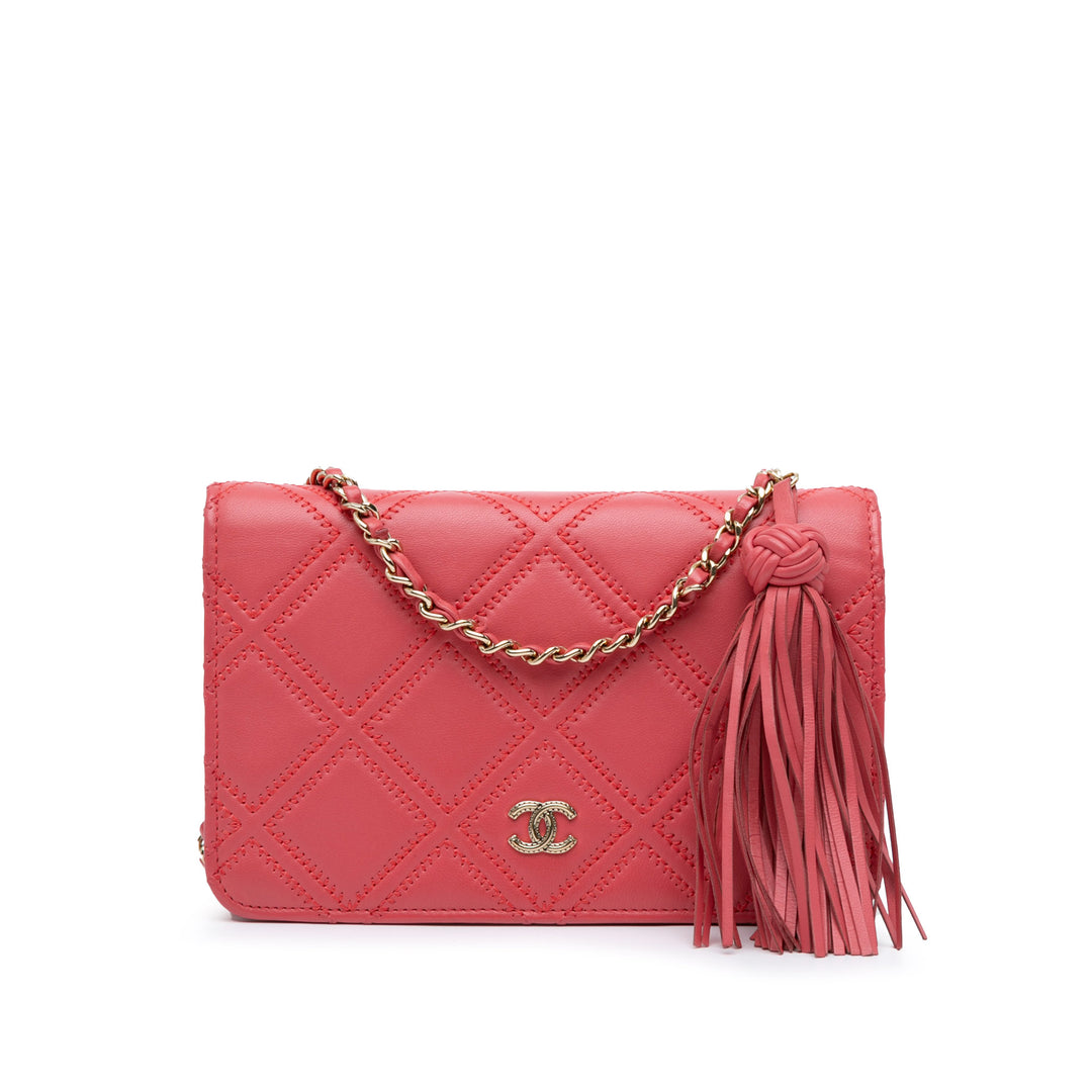 Quilted Lambskin Double Stitch Tassel Wallet On Chain Pink - Gaby Paris