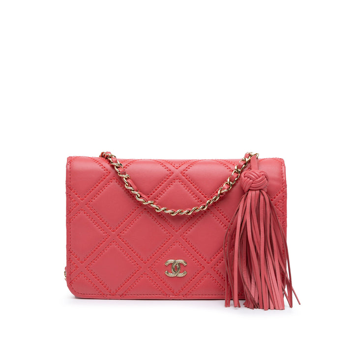 Quilted Lambskin Double Stitch Tassel Wallet On Chain Pink - Gaby Paris