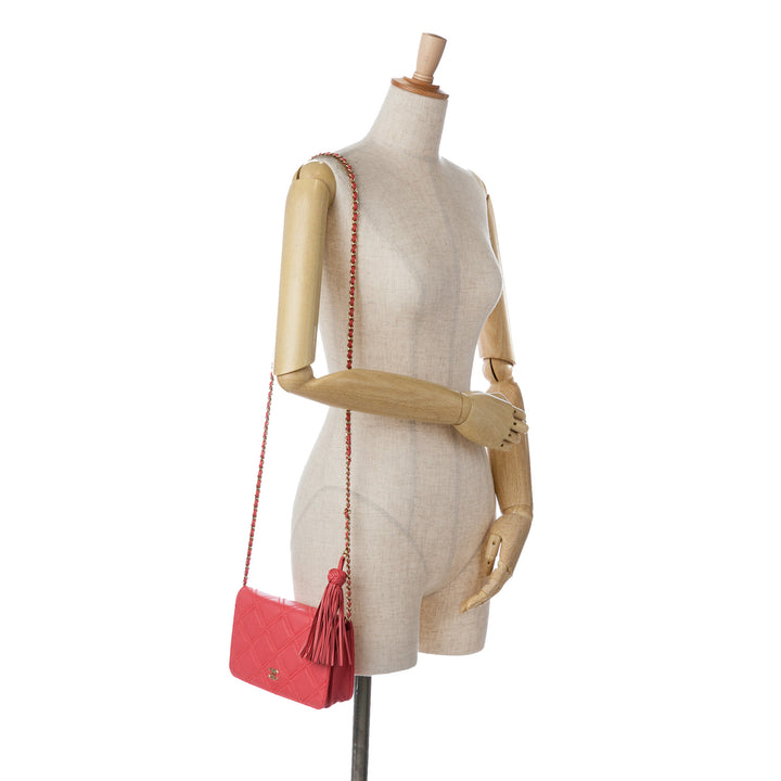 Quilted Lambskin Double Stitch Tassel Wallet On Chain Pink - Gaby Paris