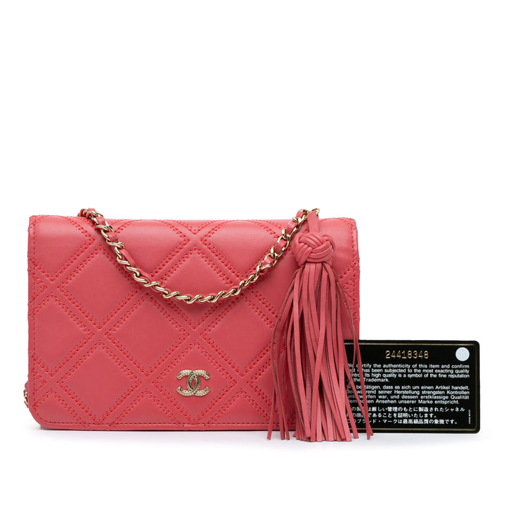 Quilted Lambskin Double Stitch Tassel Wallet On Chain Pink - Gaby Paris