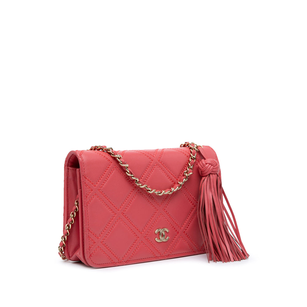 Quilted Lambskin Double Stitch Tassel Wallet On Chain Pink - Gaby Paris
