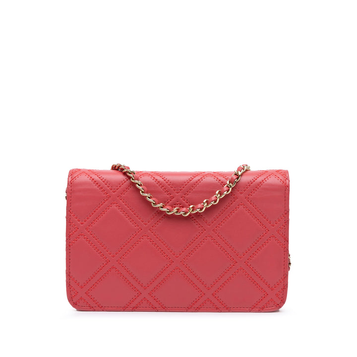 Quilted Lambskin Double Stitch Tassel Wallet On Chain Pink - Gaby Paris