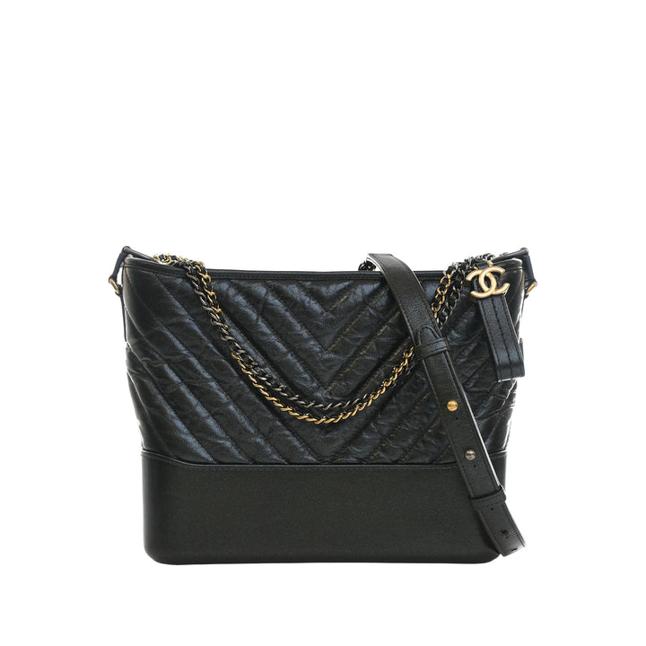 Chevron Irisé vieilli Gabrielle Sac Moyen Cuir de veau Noir