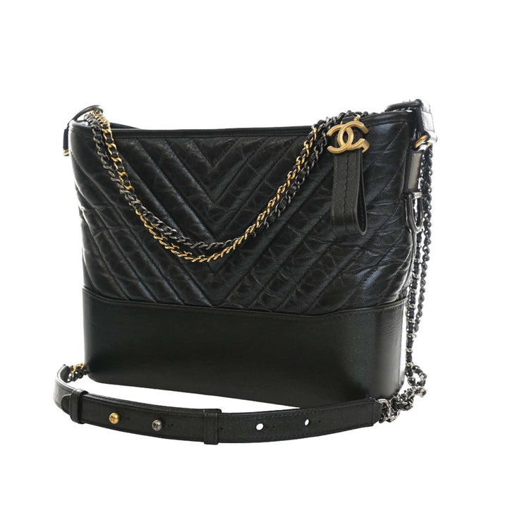 Chevron Irisé vieilli Gabrielle Sac Moyen Cuir de veau Noir