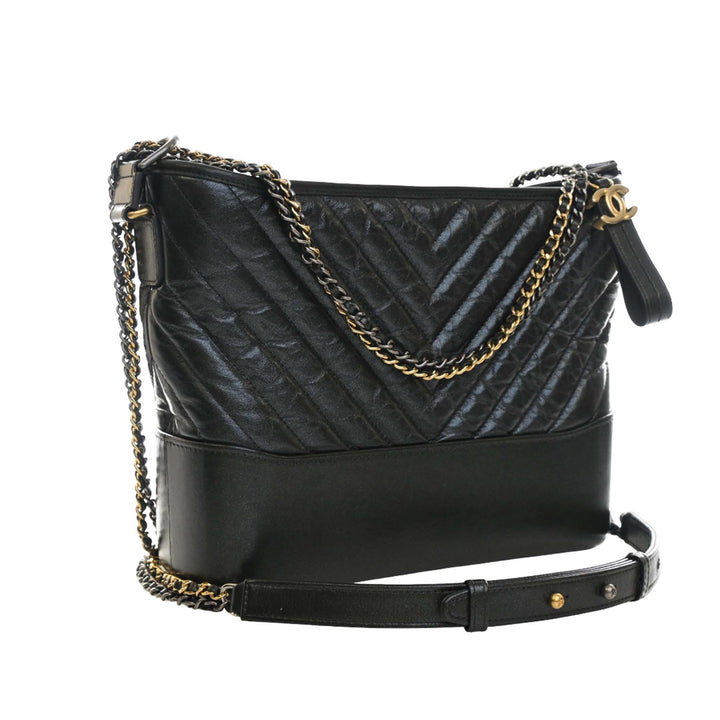 Chevron Irisé vieilli Gabrielle Sac Moyen Cuir de veau Noir