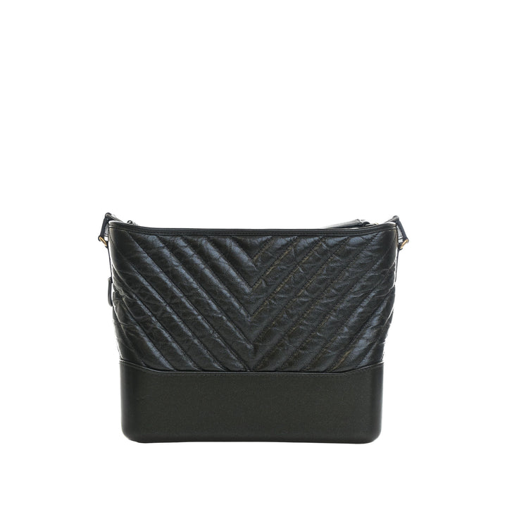 Chevron Irisé vieilli Gabrielle Sac Moyen Cuir de veau Noir