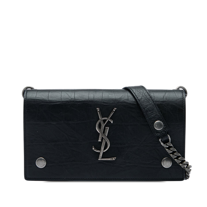 Saint Laurent Croc embossé Rider Wallet on Chain Noir – vue principale – GABY PARIS