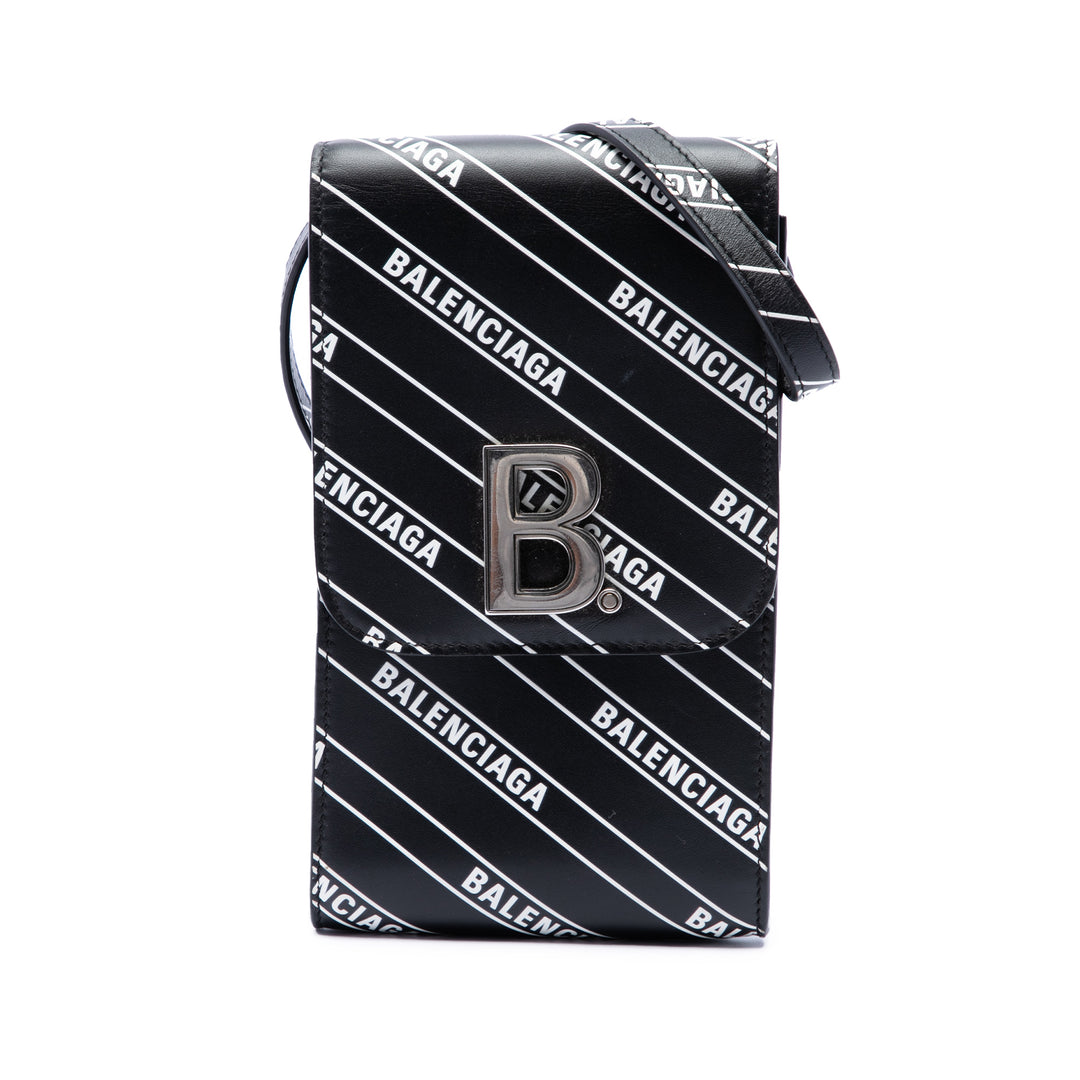 Balenciaga Étui téléphone Diagonal Allover Logo Imprimé B Cuir de veau Noir – vue principale – GABY PARIS