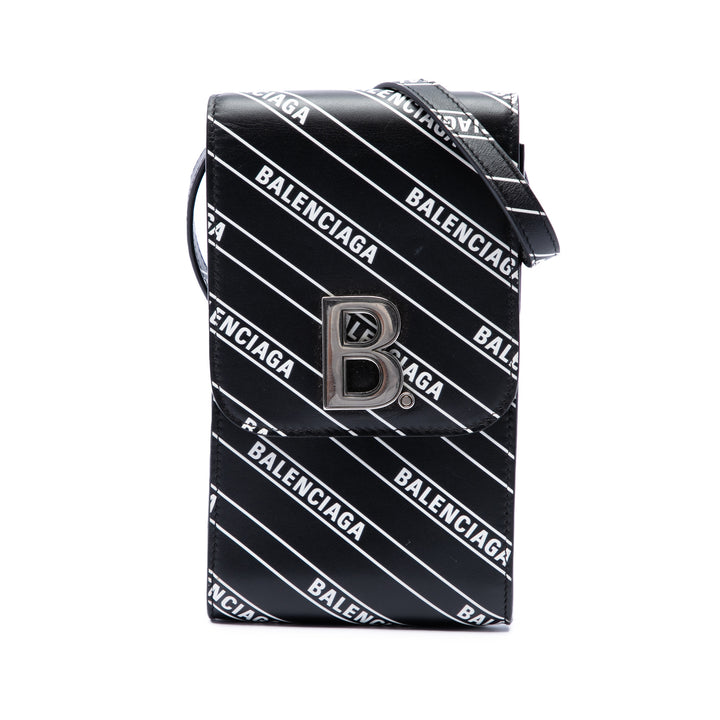 Balenciaga Étui téléphone Diagonal Allover Logo Imprimé B Cuir de veau Noir – vue principale – GABY PARIS