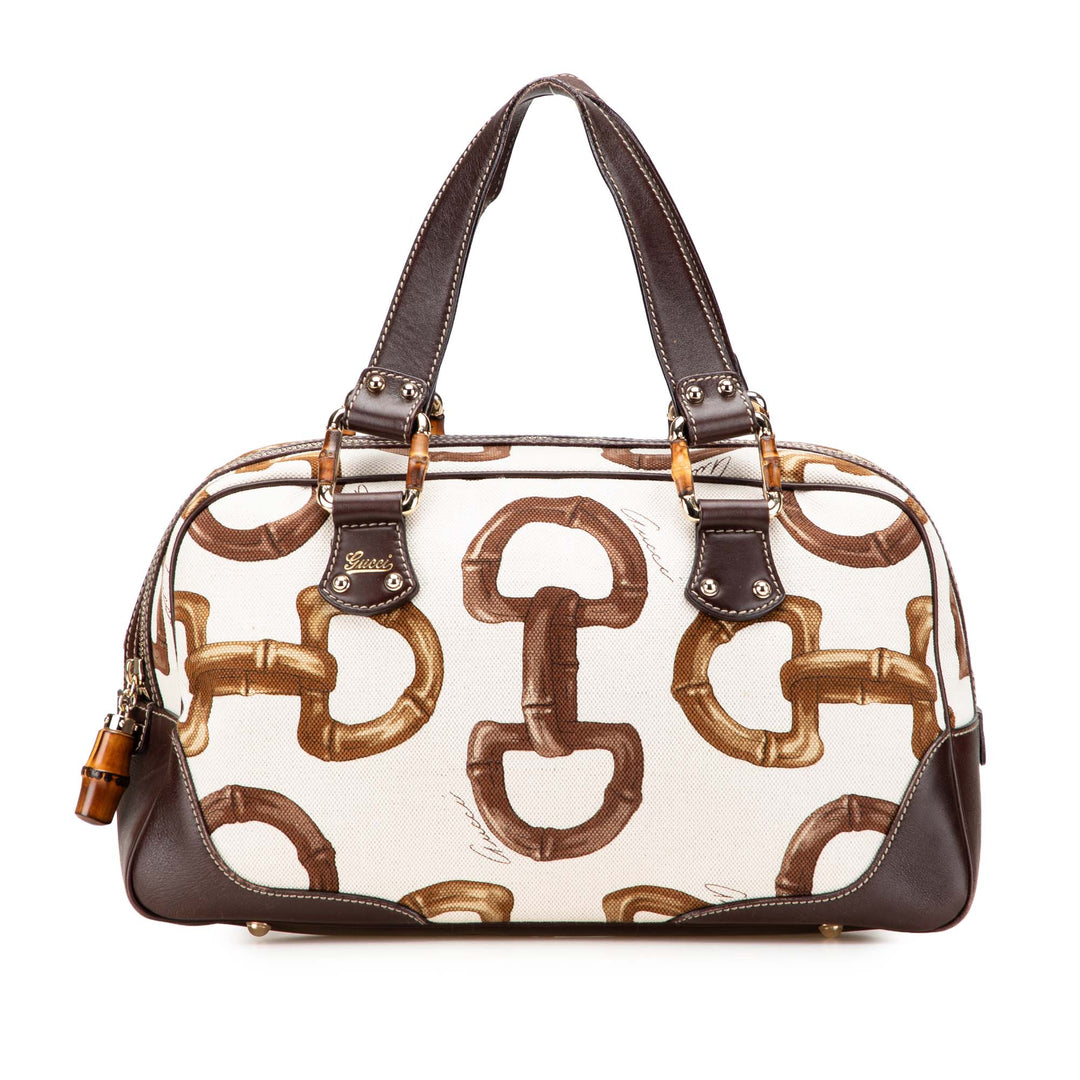 Printed Canvas Bamboo Horsebit Handbag White - Gaby Paris