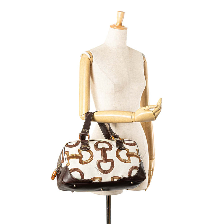 Printed Canvas Bamboo Horsebit Handbag White - Gaby Paris