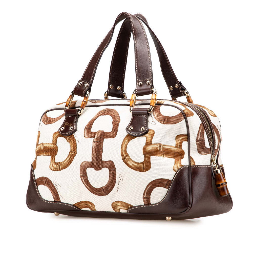 Printed Canvas Bamboo Horsebit Handbag White - Gaby Paris