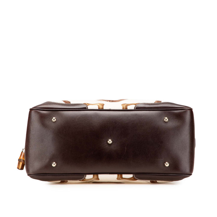 Printed Canvas Bamboo Horsebit Handbag White - Gaby Paris