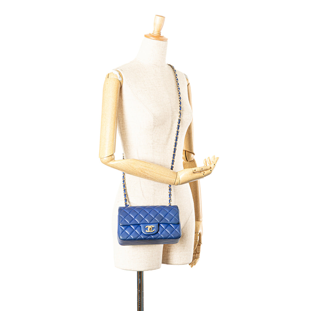 Mini Rectangular Classic Lambskin Single Flap Blue - Gaby Paris
