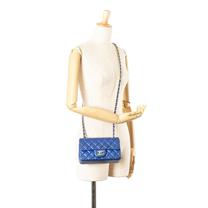 Mini Rectangular Classic Lambskin Single Flap Blue - Gaby Paris